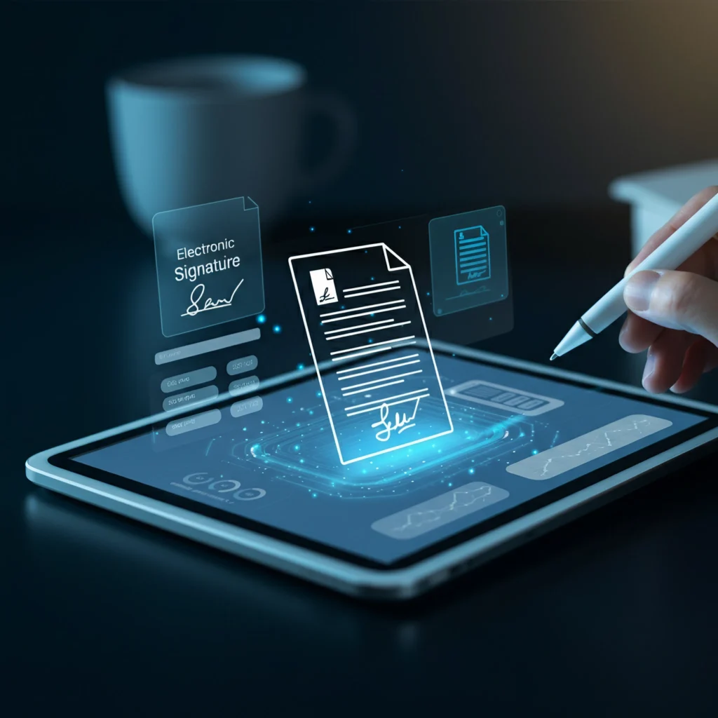 A digital document being signed electronically on a tablet in a professional office setting, highlighting the modern interface and efficiency of electronic signatures.